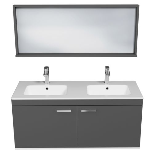 Meuble Double Vasque Encastrée 120 Cm + Miroir Cadre 2 Portes Gris Anthracite Salle De Bain Rubite