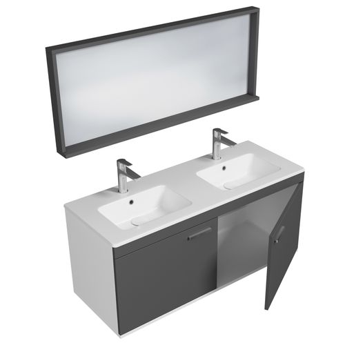Meuble Double Vasque Encastrée 120 Cm + Miroir Cadre 2 Portes Gris Anthracite Salle De Bain Rubite