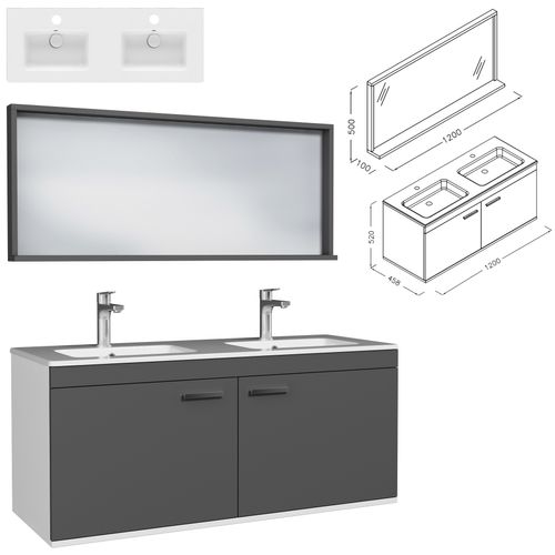 Meuble Double Vasque Encastrée 120 Cm + Miroir Cadre 2 Portes Gris Anthracite Salle De Bain Rubite