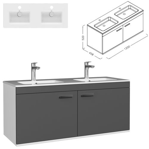 Meuble Double Vasque Encastrée 120 Cm 2 Portes Gris Anthracite Salle De Bain - Rubite