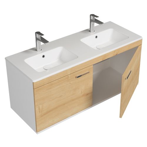 Meuble Double Vasque Encastrée 120 Cm 2 Portes Chêne Clair Salle De Bain - Rubite