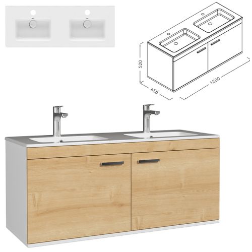 Meuble Double Vasque Encastrée 120 Cm 2 Portes Chêne Clair Salle De Bain - Rubite