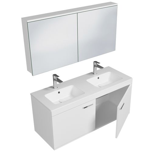 Meuble Double Vasque Encastrée 120 Cm + Miroir Armoire 2 Portes Blanc Salle De Bain - Rubite