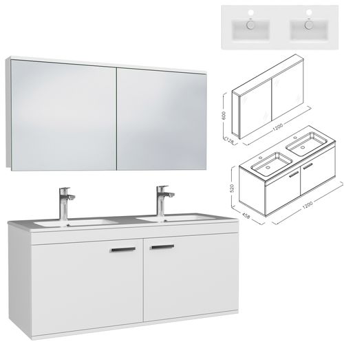 Meuble Double Vasque Encastrée 120 Cm + Miroir Armoire 2 Portes Blanc Salle De Bain - Rubite