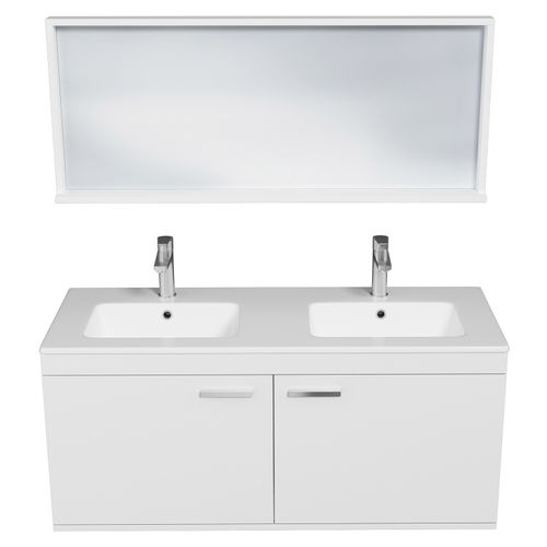 Meuble Double Vasque Encastrée 120 Cm + Miroir Cadre 2 Portes Blanc Salle De Bain - Rubite