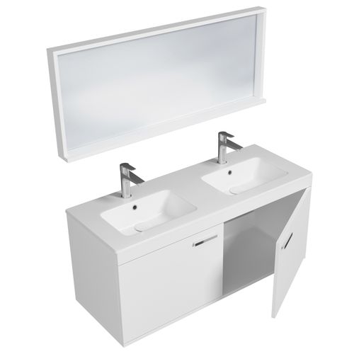 Meuble Double Vasque Encastrée 120 Cm + Miroir Cadre 2 Portes Blanc Salle De Bain - Rubite