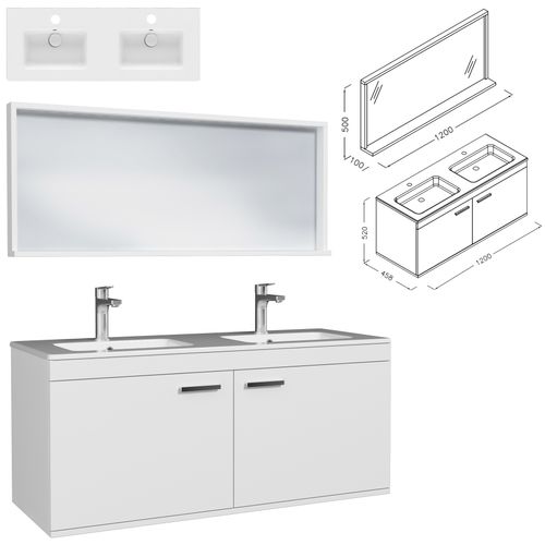 Meuble Double Vasque Encastrée 120 Cm + Miroir Cadre 2 Portes Blanc Salle De Bain - Rubite