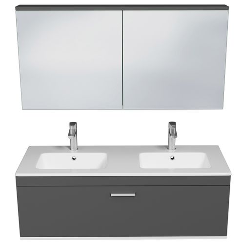 Meuble Double Vasque Encastrée 120 Cm +miroir Armoire 1 Tiroir Gris Anthracite Salle De Bain Rubite