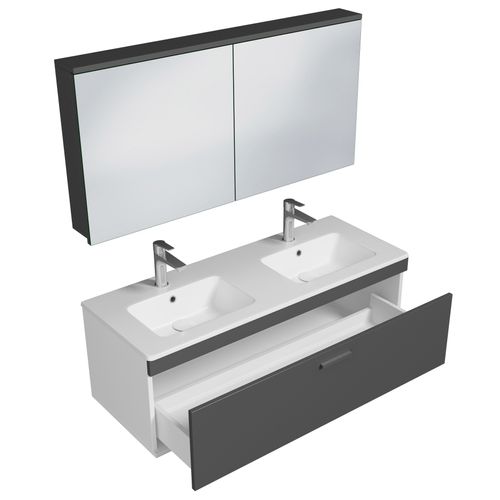Meuble Double Vasque Encastrée 120 Cm +miroir Armoire 1 Tiroir Gris Anthracite Salle De Bain Rubite