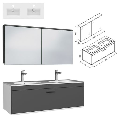 Meuble Double Vasque Encastrée 120 Cm +miroir Armoire 1 Tiroir Gris Anthracite Salle De Bain Rubite