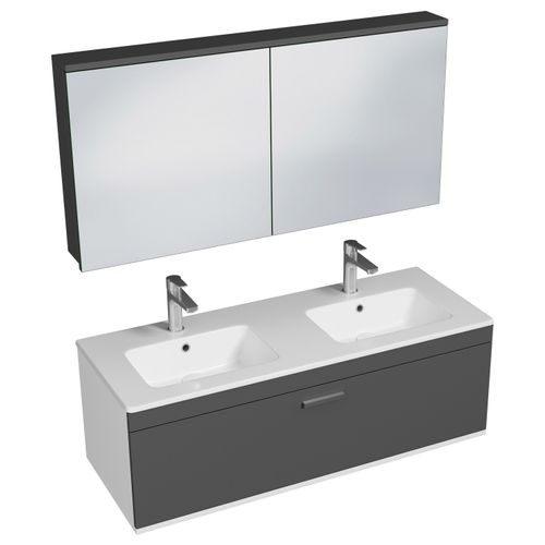 Meuble Double Vasque Encastrée 120 Cm +miroir Armoire 1 Tiroir Gris Anthracite Salle De Bain Rubite