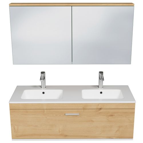 Meuble Double Vasque Encastrée 120 Cm + Miroir Armoire 1 Tiroir Chêne Clair Salle De Bain - Rubite
