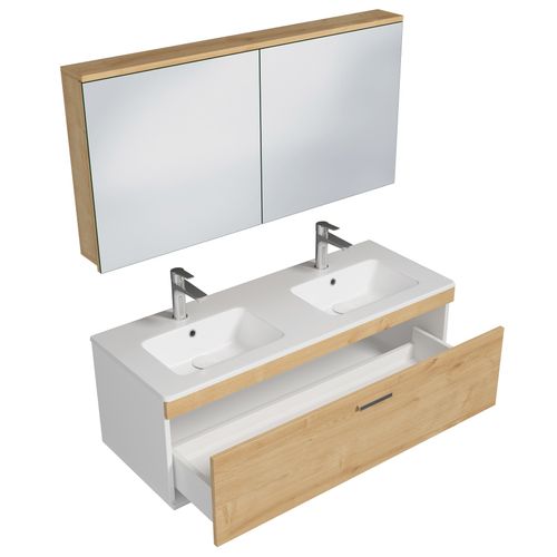 Meuble Double Vasque Encastrée 120 Cm + Miroir Armoire 1 Tiroir Chêne Clair Salle De Bain - Rubite