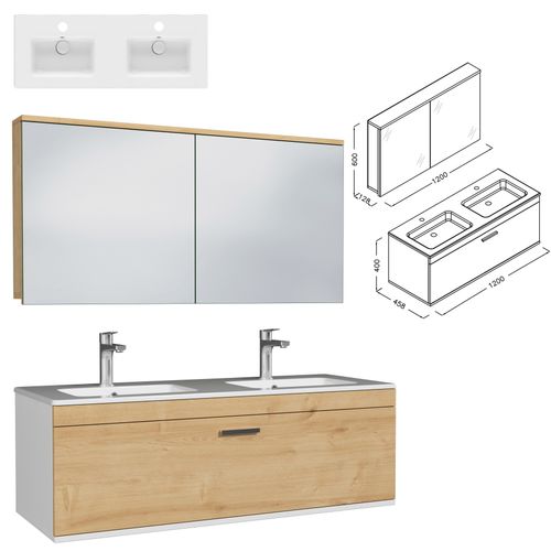 Meuble Double Vasque Encastrée 120 Cm + Miroir Armoire 1 Tiroir Chêne Clair Salle De Bain - Rubite