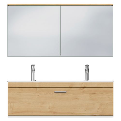 Meuble Double Vasque Encastrée 120 Cm + Miroir Armoire 1 Tiroir Chêne Clair Salle De Bain - Rubite