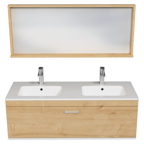 Meuble Double Vasque Encastrée 120 Cm + Miroir Cadre 1 Tiroir Chêne Clair Salle De Bain - Rubite