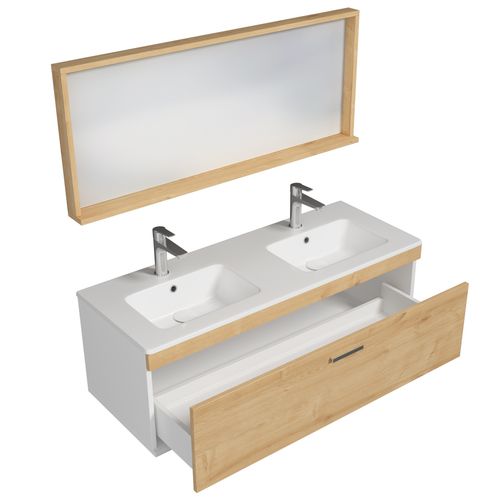 Meuble Double Vasque Encastrée 120 Cm + Miroir Cadre 1 Tiroir Chêne Clair Salle De Bain - Rubite