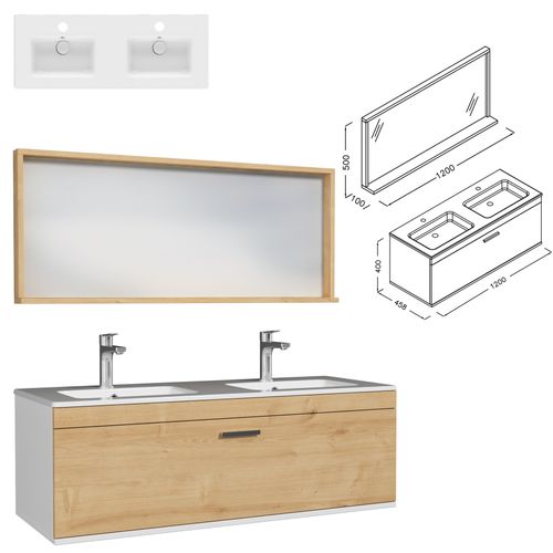 Meuble Double Vasque Encastrée 120 Cm + Miroir Cadre 1 Tiroir Chêne Clair Salle De Bain - Rubite