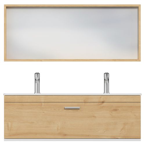 Meuble Double Vasque Encastrée 120 Cm + Miroir Cadre 1 Tiroir Chêne Clair Salle De Bain - Rubite