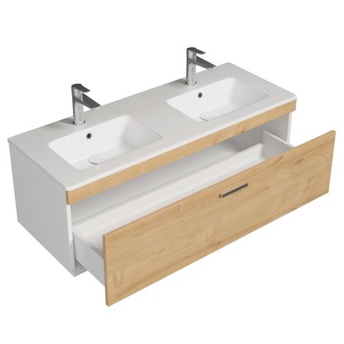 Meuble Double Vasque Encastrée 120 Cm 1 Tiroir Chêne Clair Salle De Bain - Rubite
