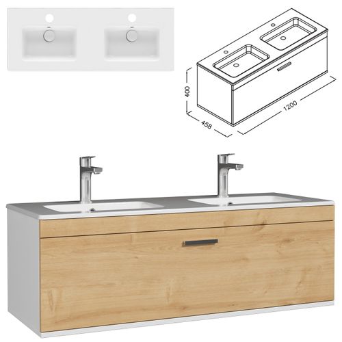 Meuble Double Vasque Encastrée 120 Cm 1 Tiroir Chêne Clair Salle De Bain - Rubite