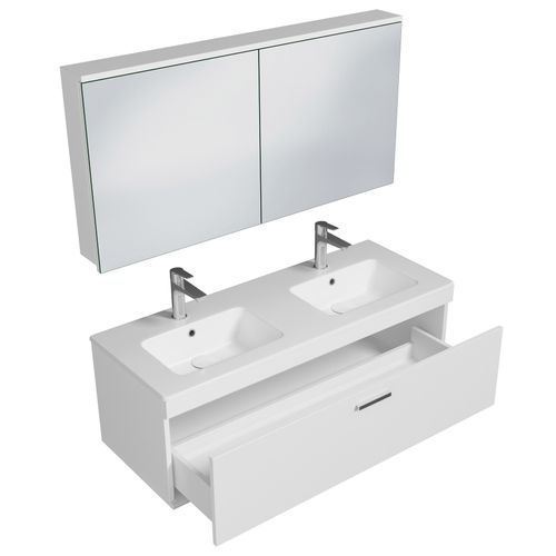 Meuble Double Vasque Encastrée 120 Cm + Miroir Armoire 1 Tiroir Blanc Salle De Bain - Rubite