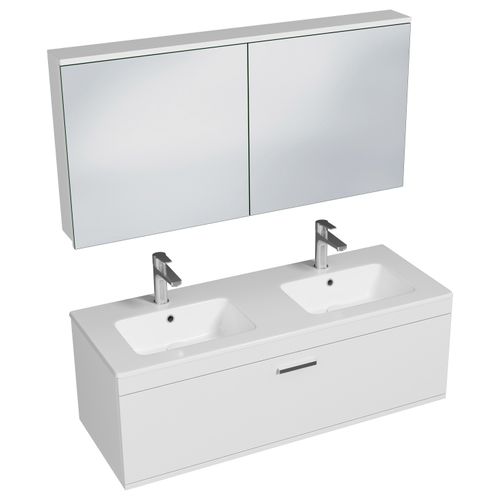 Meuble Double Vasque Encastrée 120 Cm + Miroir Armoire 1 Tiroir Blanc Salle De Bain - Rubite