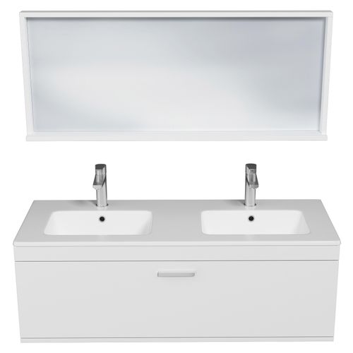 Meuble Double Vasque Encastrée 120 Cm + Miroir Cadre 1 Tiroir Blanc Salle De Bain - Rubite