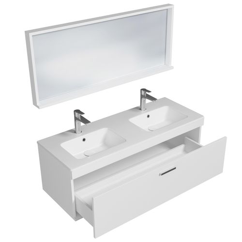 Meuble Double Vasque Encastrée 120 Cm + Miroir Cadre 1 Tiroir Blanc Salle De Bain - Rubite