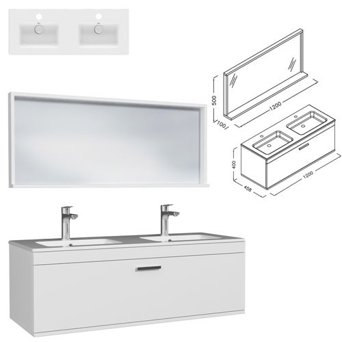 Meuble Double Vasque Encastrée 120 Cm + Miroir Cadre 1 Tiroir Blanc Salle De Bain - Rubite