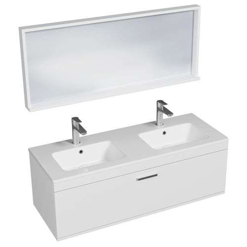 Meuble Double Vasque Encastrée 120 Cm + Miroir Cadre 1 Tiroir Blanc Salle De Bain - Rubite