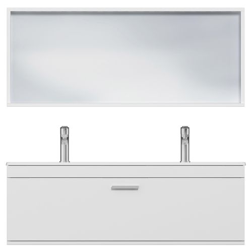 Meuble Double Vasque Encastrée 120 Cm + Miroir Cadre 1 Tiroir Blanc Salle De Bain - Rubite