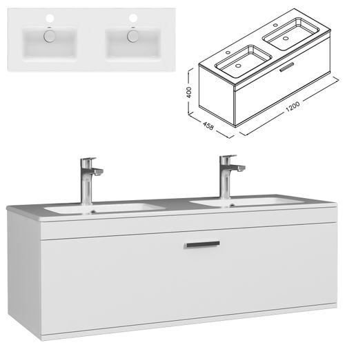 Meuble Double Vasque Encastrée 120 Cm 1 Tiroir Blanc Salle De Bain - Rubite
