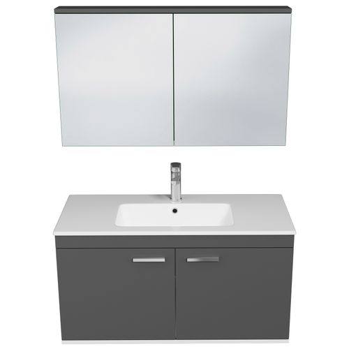 Meuble 1 Vasque Encastrée 100 Cm + Miroir Armoire 2 Portes Gris Anthracite Salle De Bain - Rubite