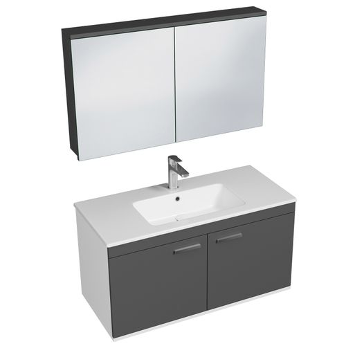 Meuble 1 Vasque Encastrée 100 Cm + Miroir Armoire 2 Portes Gris Anthracite Salle De Bain - Rubite