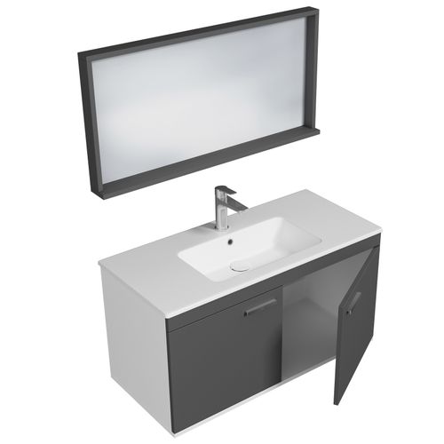 Meuble 1 Vasque Encastrée 100 Cm + Miroir Cadre 2 Portes Gris Anthracite Salle De Bain - Rubite