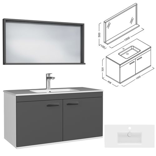 Meuble 1 Vasque Encastrée 100 Cm + Miroir Cadre 2 Portes Gris Anthracite Salle De Bain - Rubite