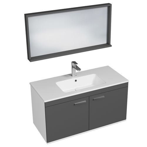 Meuble 1 Vasque Encastrée 100 Cm + Miroir Cadre 2 Portes Gris Anthracite Salle De Bain - Rubite