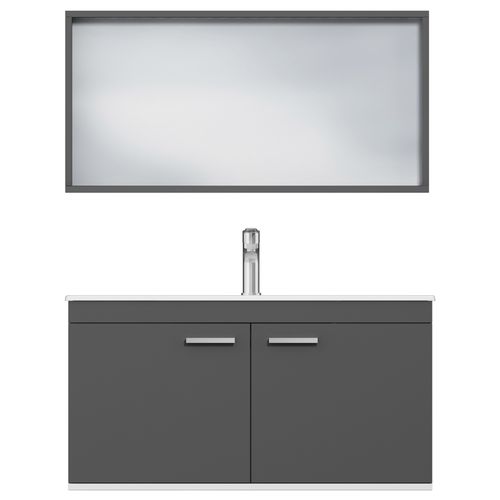 Meuble 1 Vasque Encastrée 100 Cm + Miroir Cadre 2 Portes Gris Anthracite Salle De Bain - Rubite