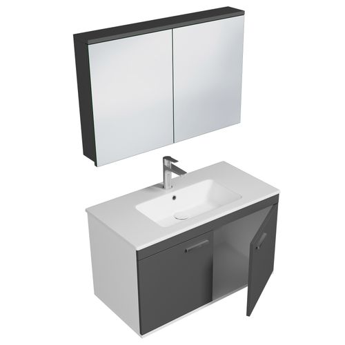 Meuble 1 Vasque Encastrée 90 Cm + Miroir Armoire 2 Portes Gris Anthracite Salle De Bain - Rubite