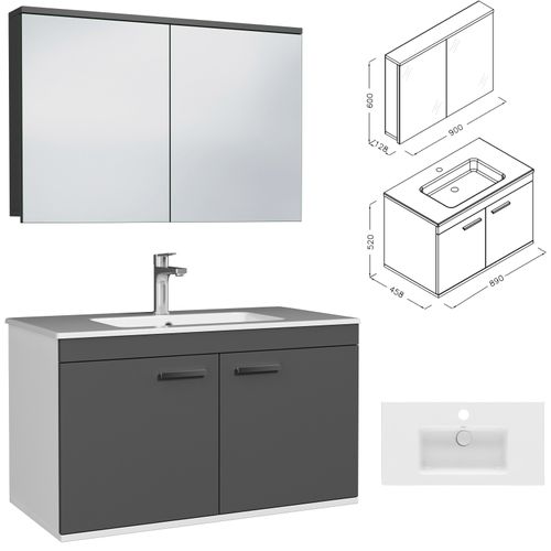 Meuble 1 Vasque Encastrée 90 Cm + Miroir Armoire 2 Portes Gris Anthracite Salle De Bain - Rubite
