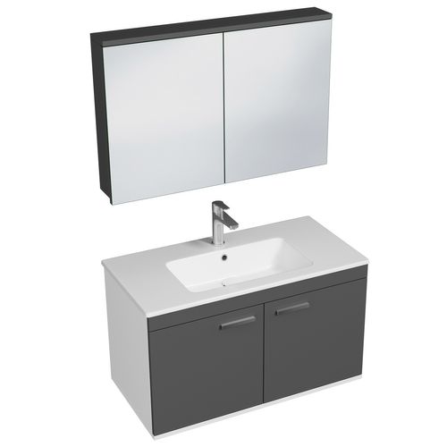 Meuble 1 Vasque Encastrée 90 Cm + Miroir Armoire 2 Portes Gris Anthracite Salle De Bain - Rubite