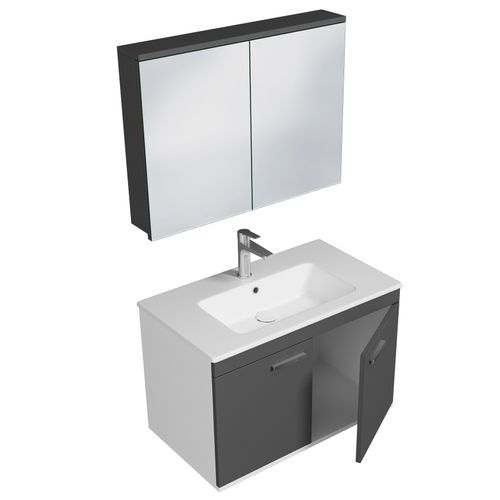 Meuble 1 Vasque Encastrée 80 Cm + Miroir Armoire 2 Portes Gris Anthracite Salle De Bain - Rubite