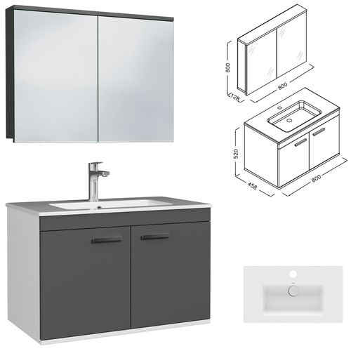 Meuble 1 Vasque Encastrée 80 Cm + Miroir Armoire 2 Portes Gris Anthracite Salle De Bain - Rubite