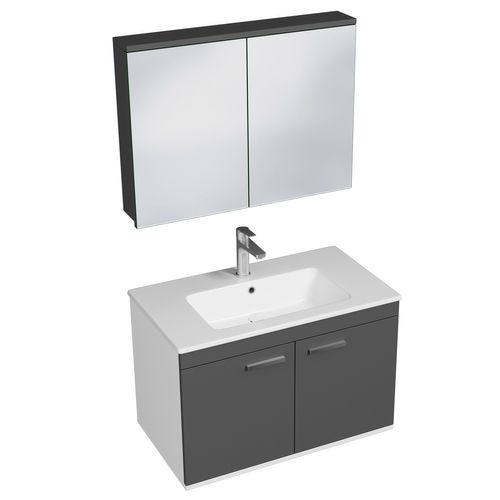 Meuble 1 Vasque Encastrée 80 Cm + Miroir Armoire 2 Portes Gris Anthracite Salle De Bain - Rubite