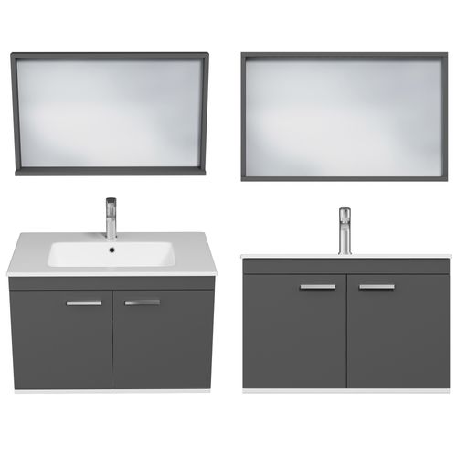 Meuble 1 Vasque Encastrée 80 Cm + Miroir Cadre 2 Portes Gris Anthracite Salle De Bain - Rubite