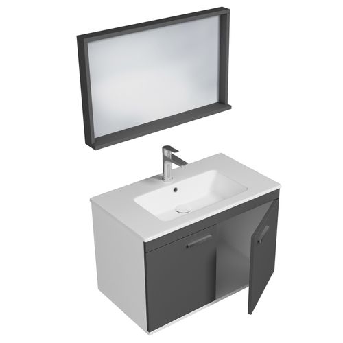 Meuble 1 Vasque Encastrée 80 Cm + Miroir Cadre 2 Portes Gris Anthracite Salle De Bain - Rubite