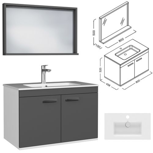 Meuble 1 Vasque Encastrée 80 Cm + Miroir Cadre 2 Portes Gris Anthracite Salle De Bain - Rubite
