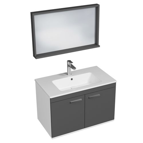 Meuble 1 Vasque Encastrée 80 Cm + Miroir Cadre 2 Portes Gris Anthracite Salle De Bain - Rubite