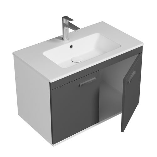 Meuble 1 Vasque Encastrée 80 Cm 2 Portes Gris Anthracite Salle De Bain - Rubite